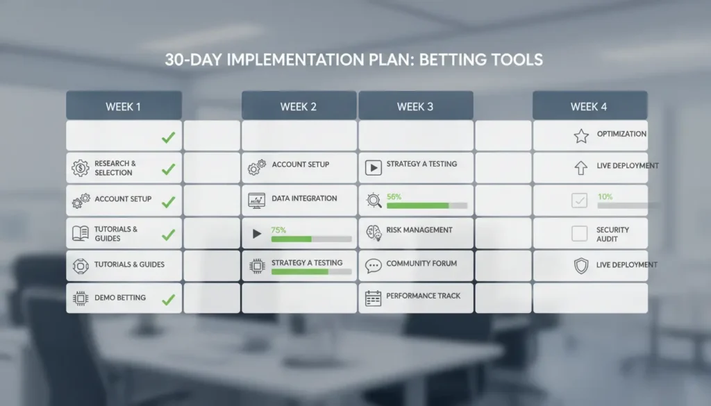 30-day calendar infographic showing betting tools implementation milestones