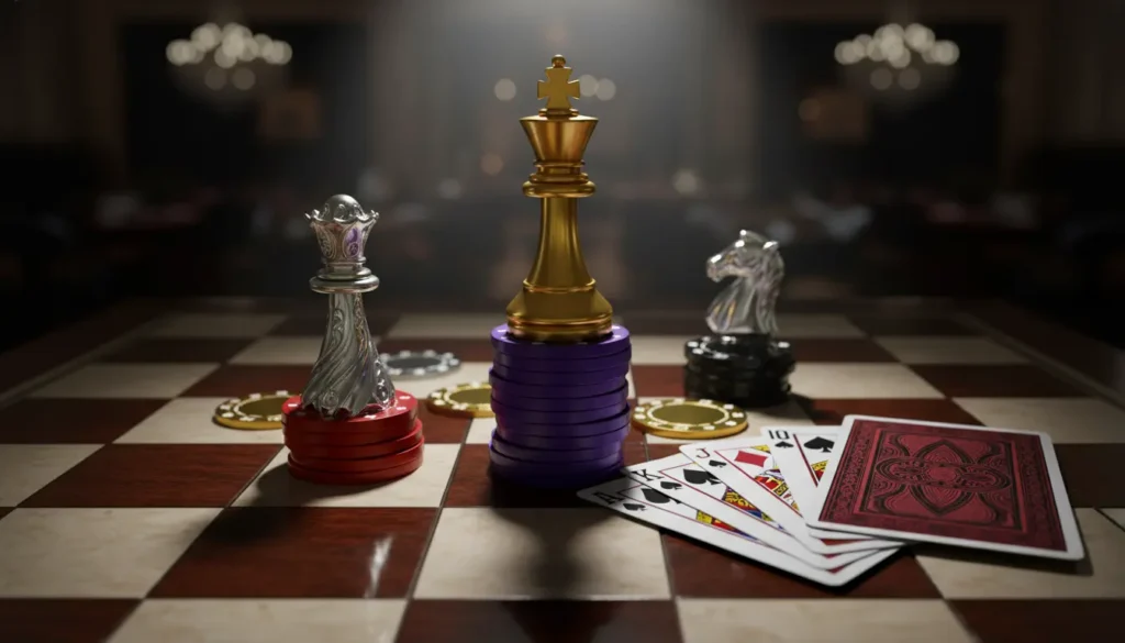 Chess pieces and betting chips representing strategic gambling approach