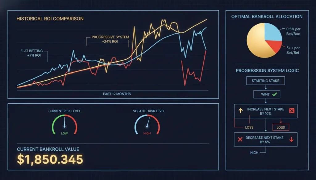 Professional dashboard showing bankroll management systems and ROI comparisons