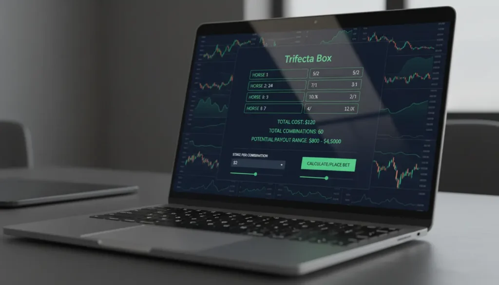 Professional box bet calculator interface showing complex trifecta calculations