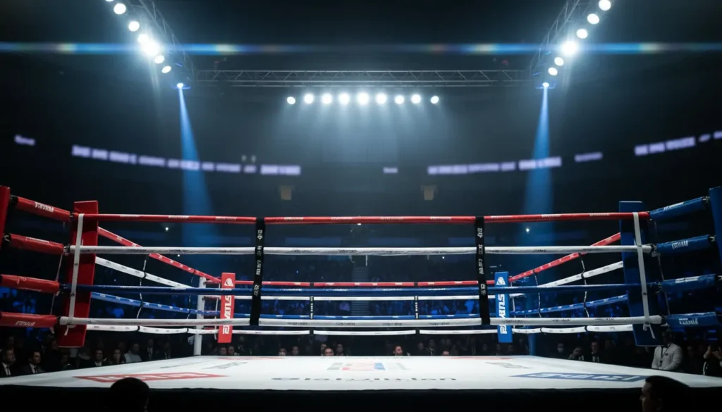 Professional boxing ring with dramatic lighting ready for championship fight