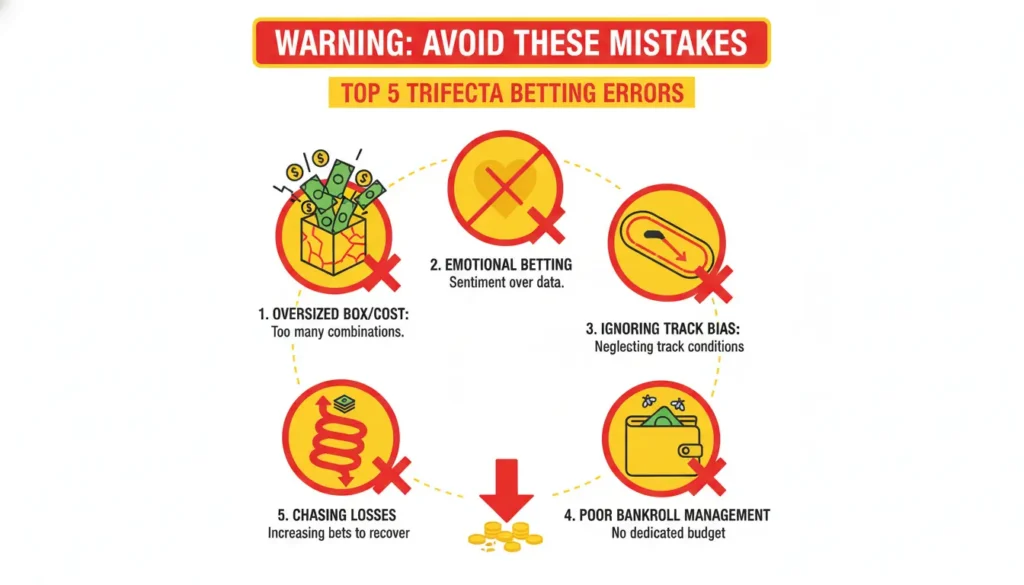 Infographic showing top 5 common trifecta betting mistakes to avoid