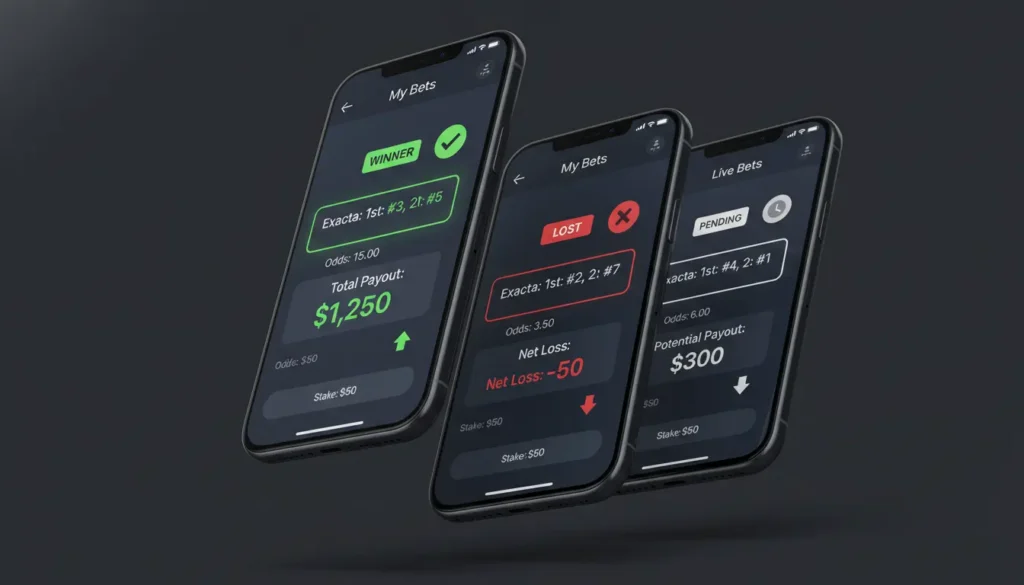 Mobile screens showing exacta betting case studies with different scenarios and payouts