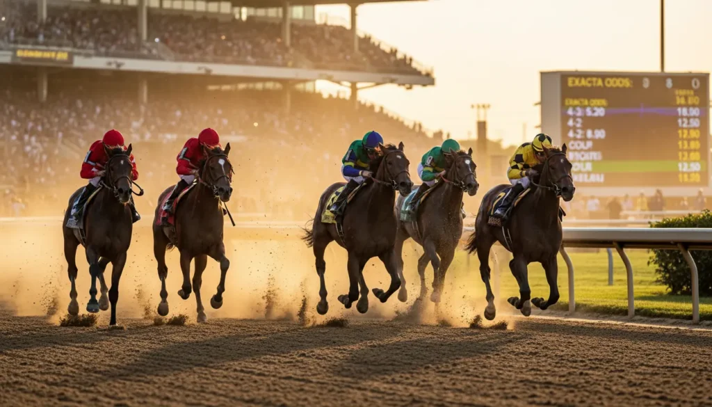 Thoroughbred horses racing neck-and-neck at finish line with exacta betting odds display