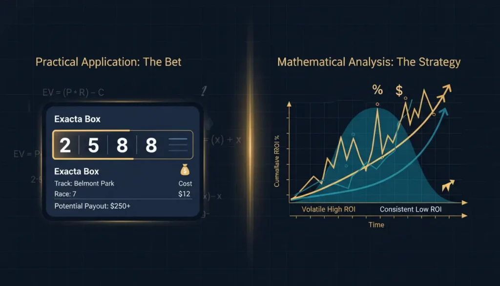Exacta box mathematical strategy infographic showing ROI curves and betting combinations