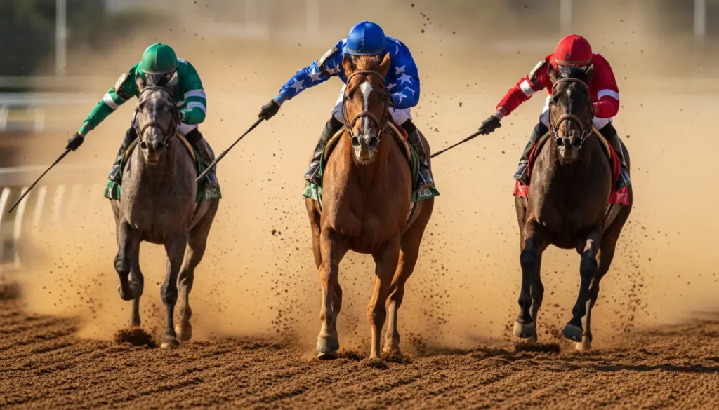 Horses racing at the finish line for exacta and trifecta bets