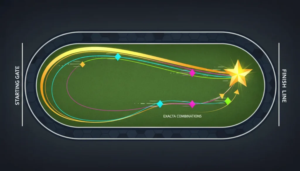 Diagram showing favorite and longshot horses racing paths with exacta combination arrows
