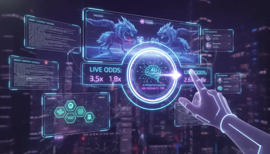 Futuristic AI and blockchain powered betting interface with holographic displays
