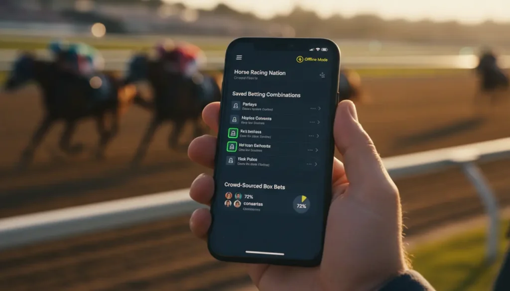 Horse Racing Nation mobile app showing saved betting combinations and offline mode