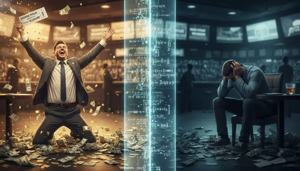 Split screen showing winning celebration versus losing reality in parlay betting