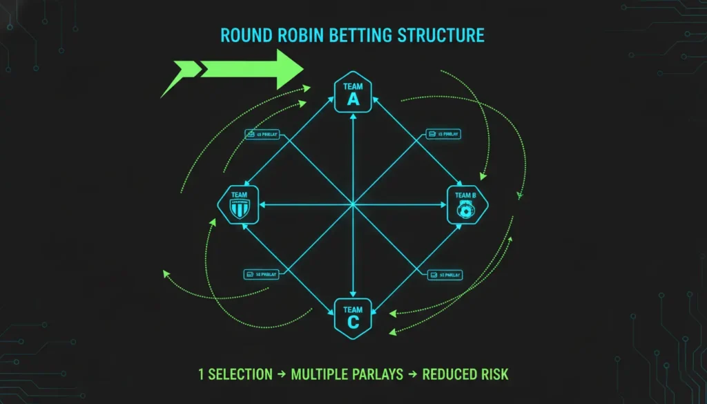 Diagram showing how round robin creates multiple parlay combinations from team selections