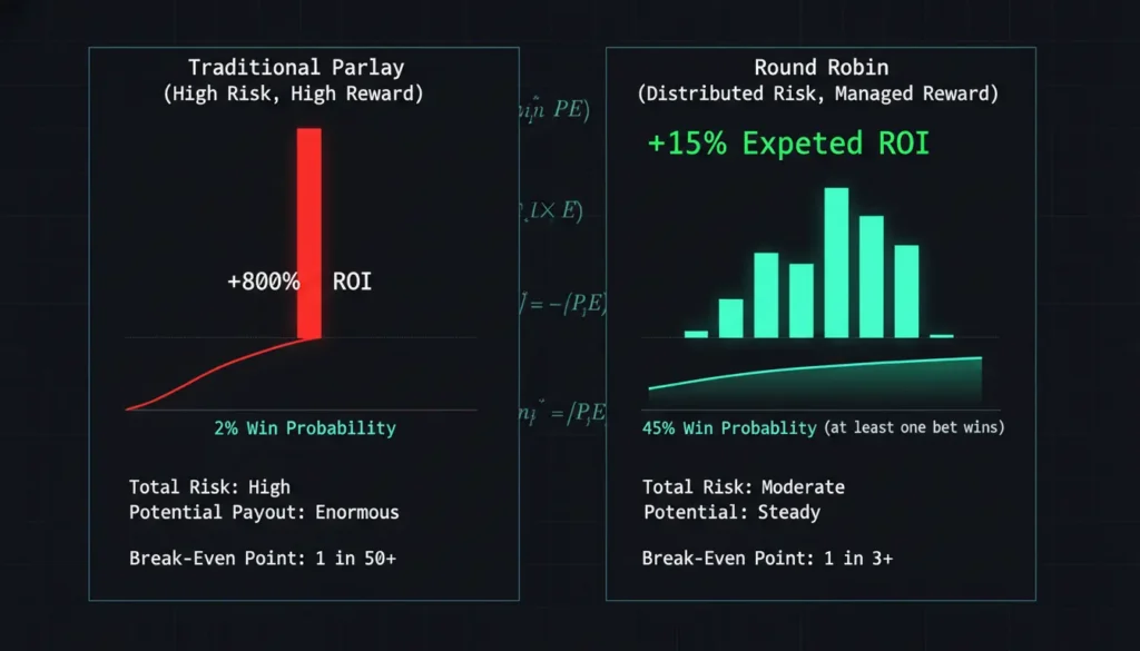 Mathematical comparison chart of traditional parlay versus round robin probability and payouts