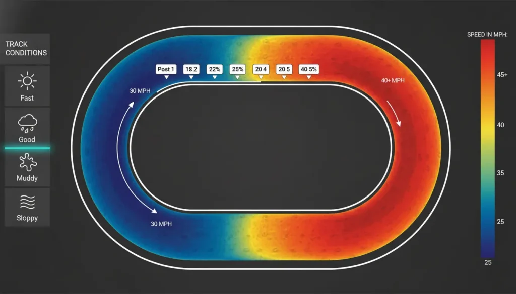 Track bias heatmap visualization showing winning zones and post position statistics