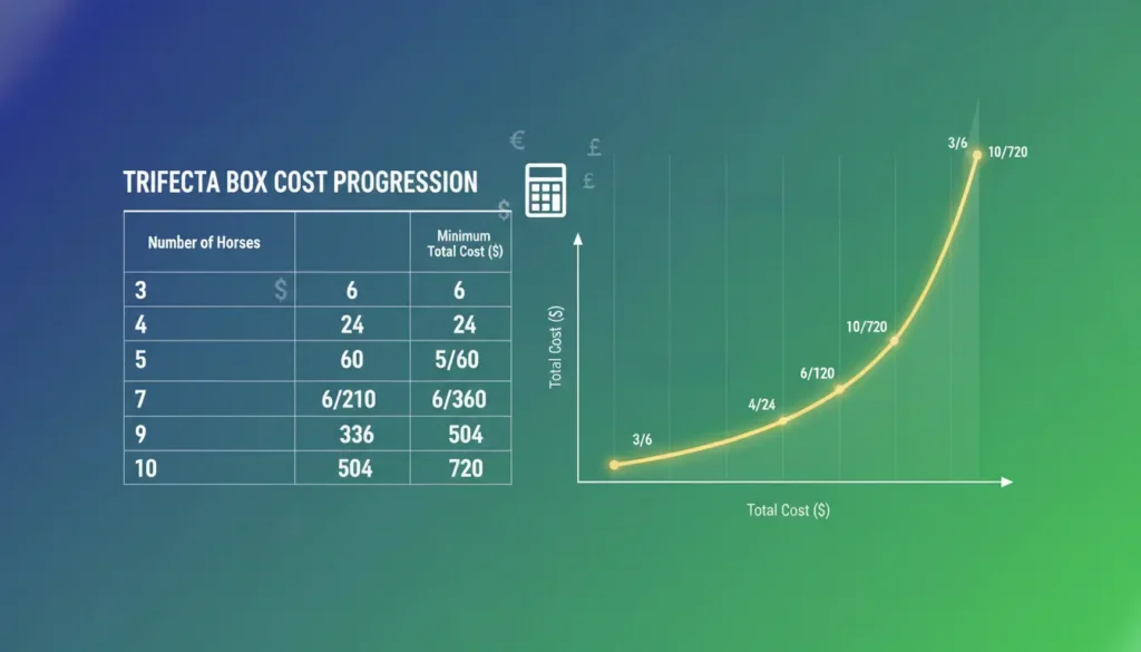 Trifecta box cost table showing price progression from 3 to 10 horses