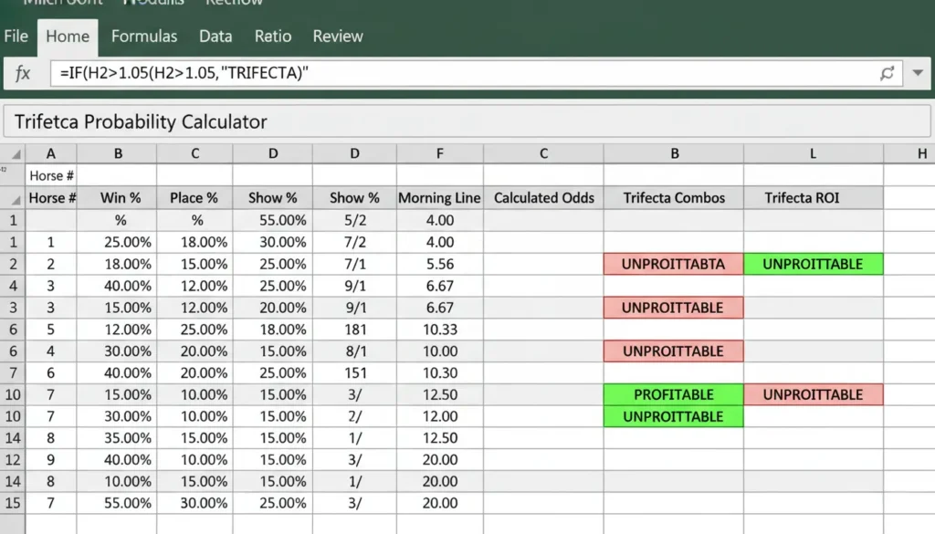 Excel spreadsheet showing trifecta probability calculator with formulas