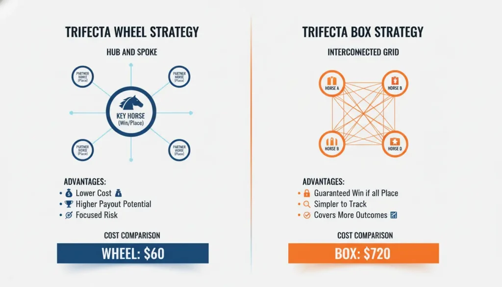 Comparison infographic of trifecta wheel versus box betting strategies