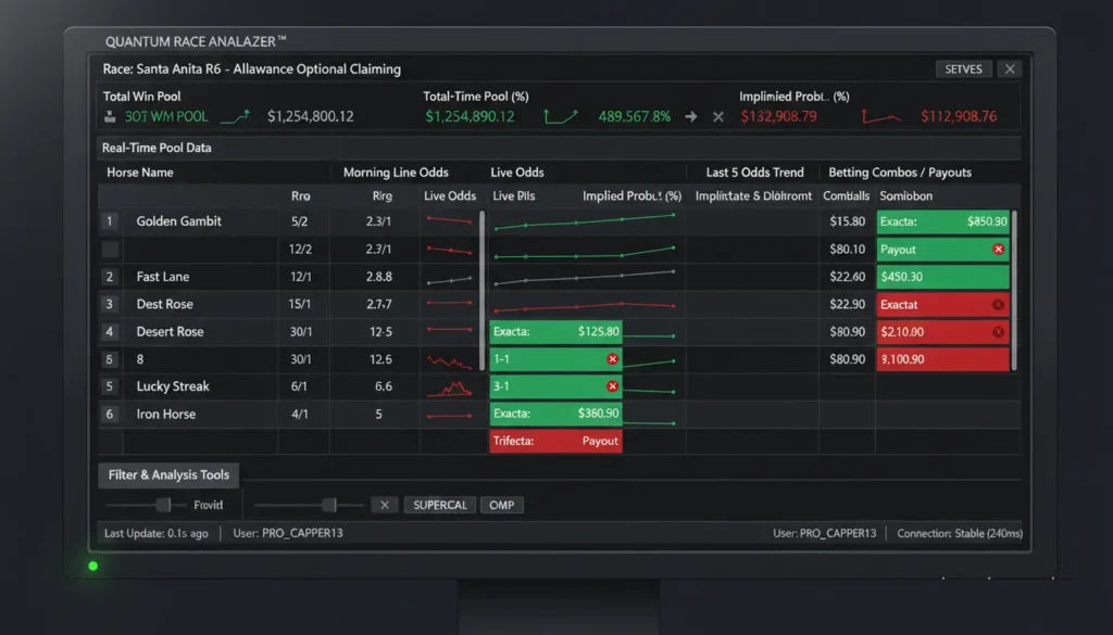 TwinSpires calculator showing real-time pool data and profitable betting combinations