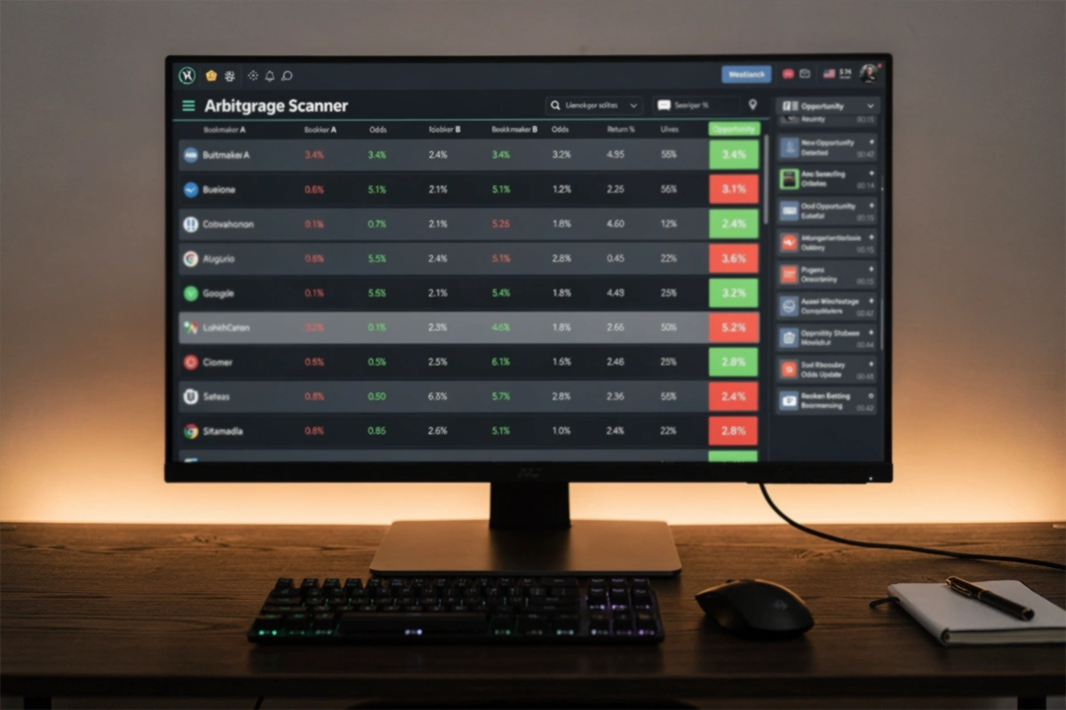 Computer screen showing arbitrage betting scanner with opportunity alerts