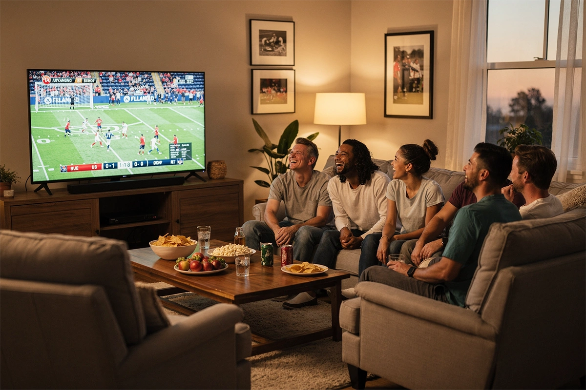 Person enjoying sports on TV with friends in relaxed social setting