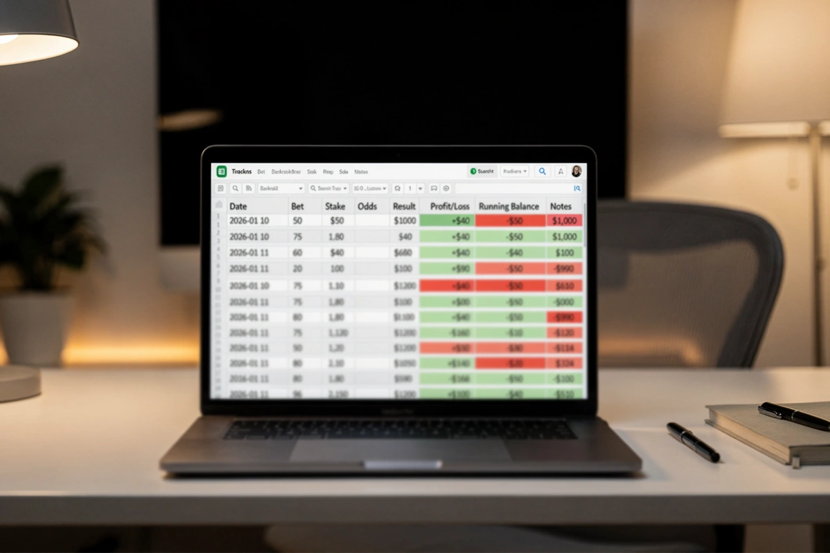 Spreadsheet showing detailed bankroll tracking with running totals