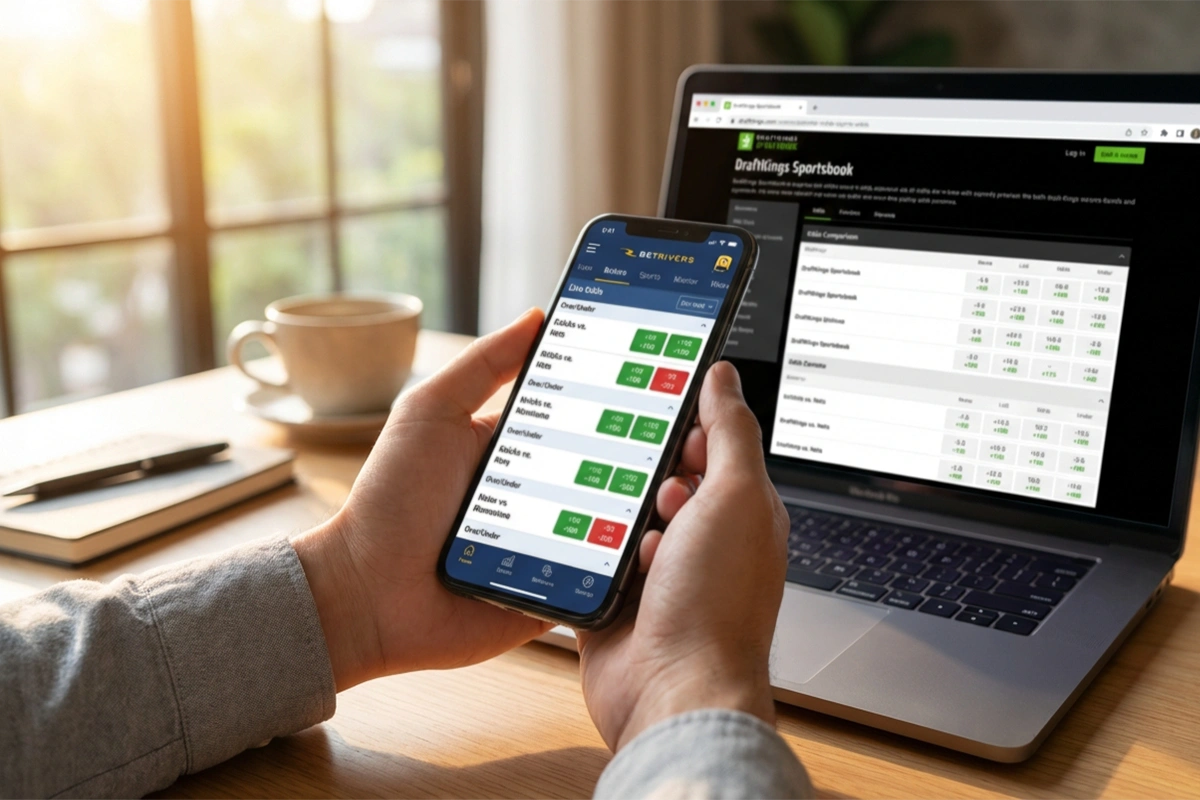 Person comparing betting odds on laptop and smartphone