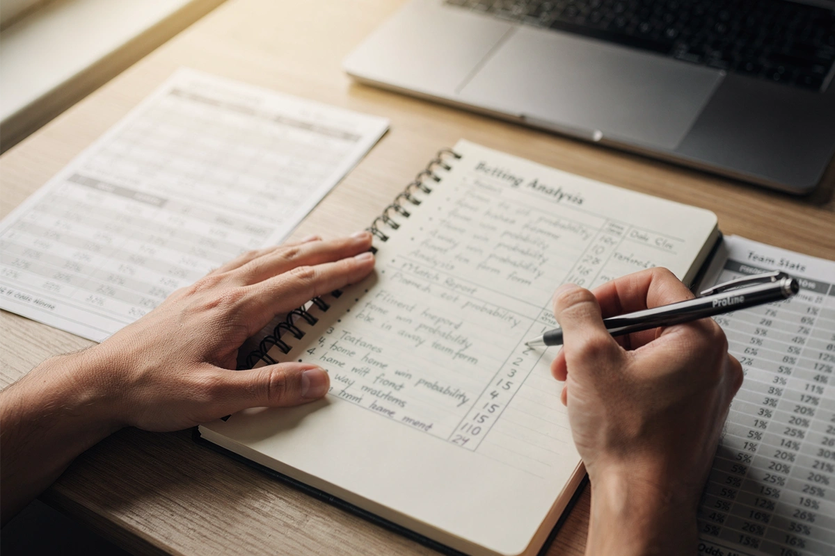 Person reviewing betting records and statistics in notebook