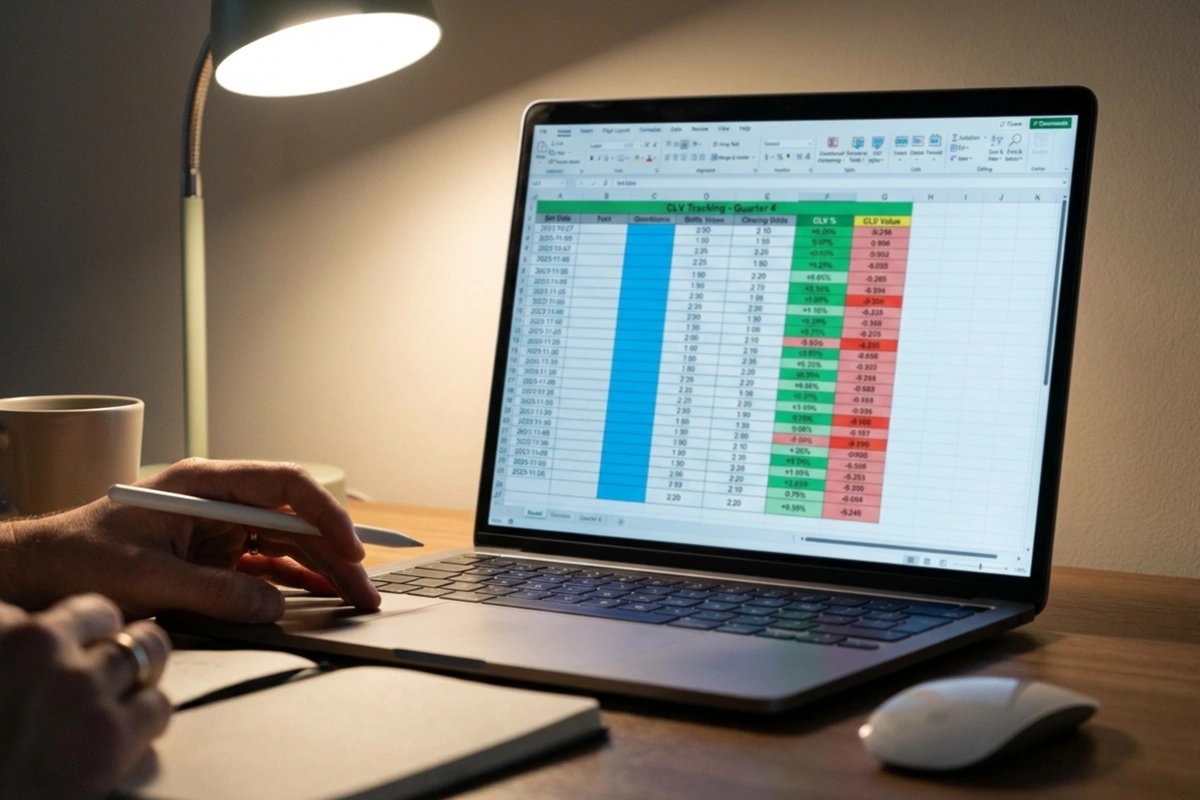 Spreadsheet tracking bet odds versus closing lines for CLV analysis