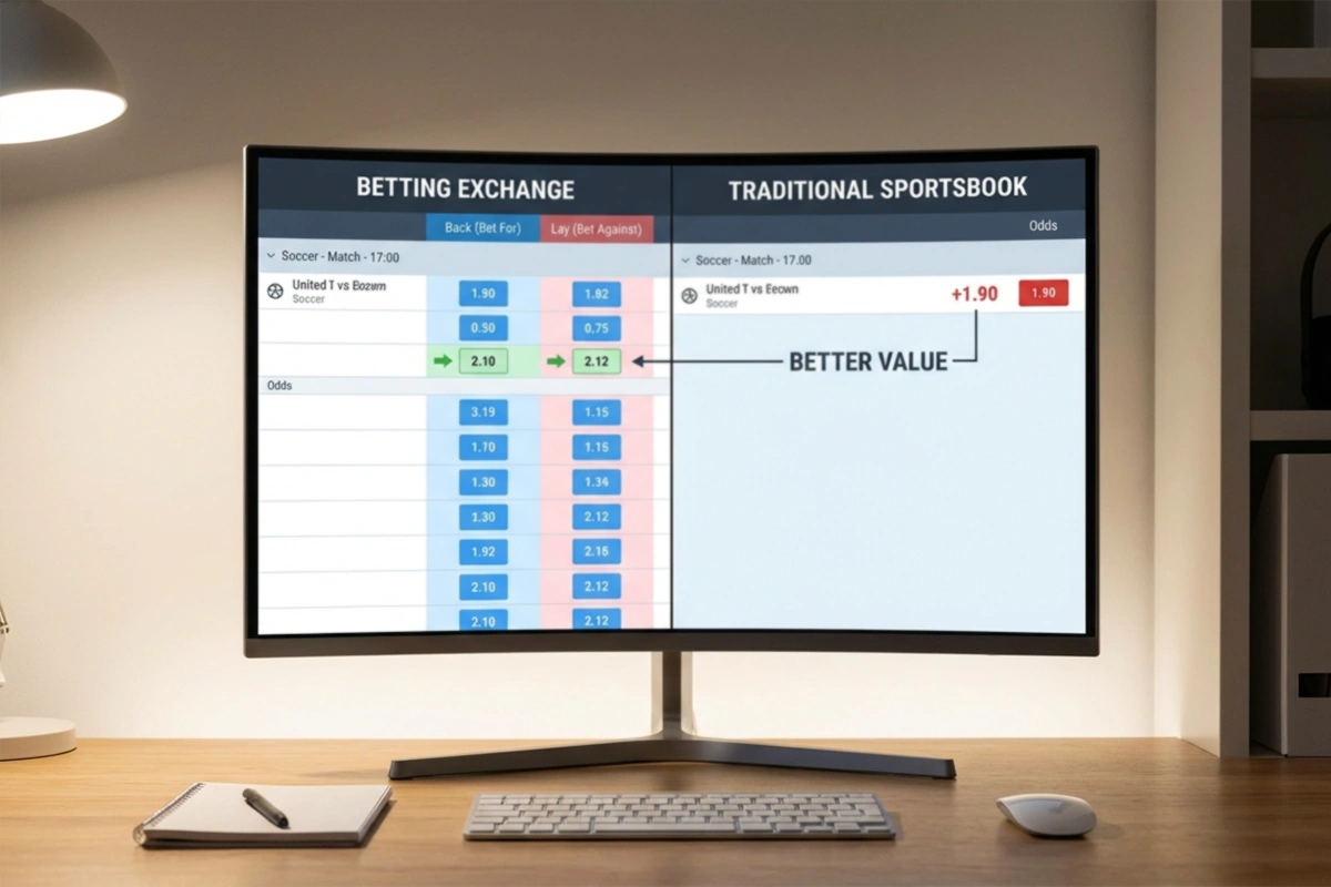 Side-by-side comparison of exchange odds versus traditional sportsbook odds