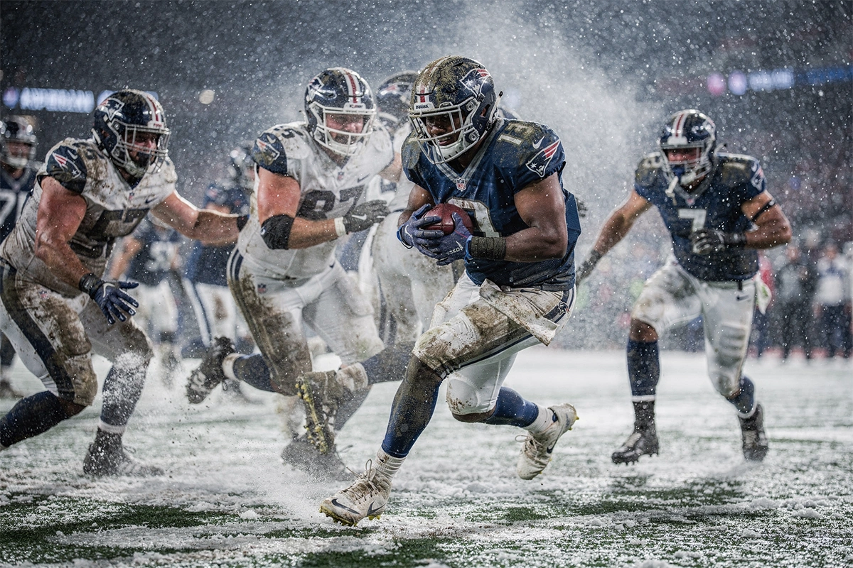 Football players competing in snowy or extremely cold conditions