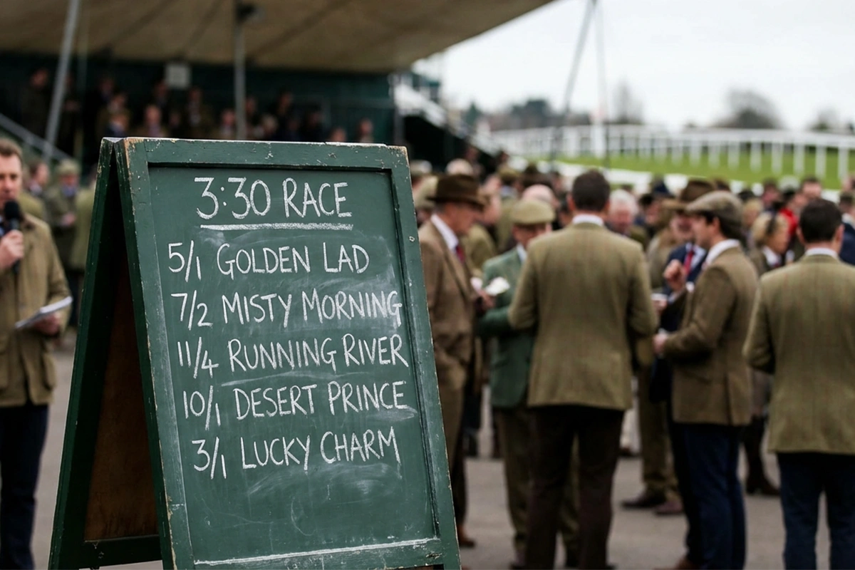 Traditional British horse racing odds board showing fractional prices