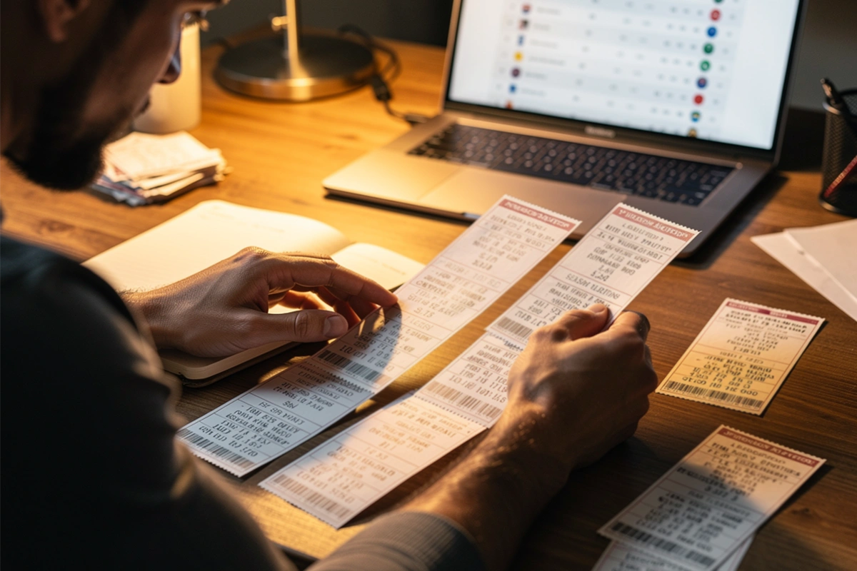 Bettor reviewing futures betting tickets and season projections