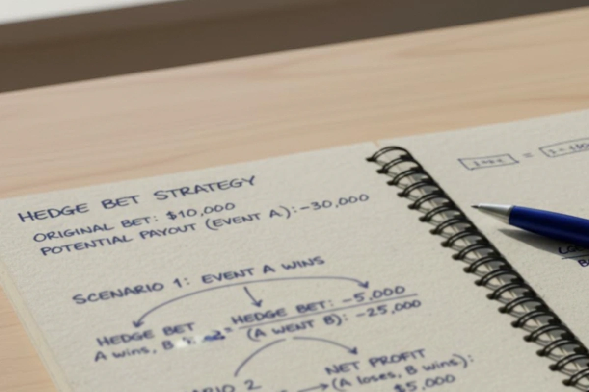 Notebook showing hedge bet calculations with potential outcomes