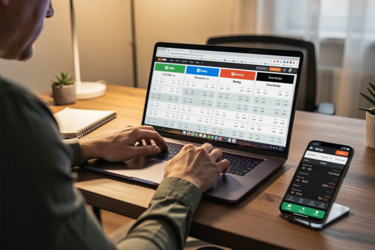 Sports bettor analyzing hedging options on laptop with betting apps open