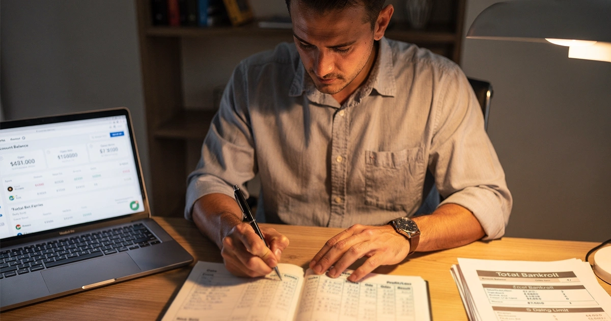 Professional bettor managing betting funds with organized system