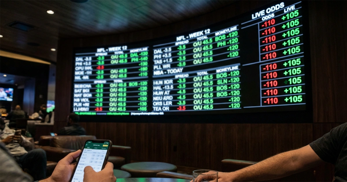 Professional sports betting display board showing live odds and line movements