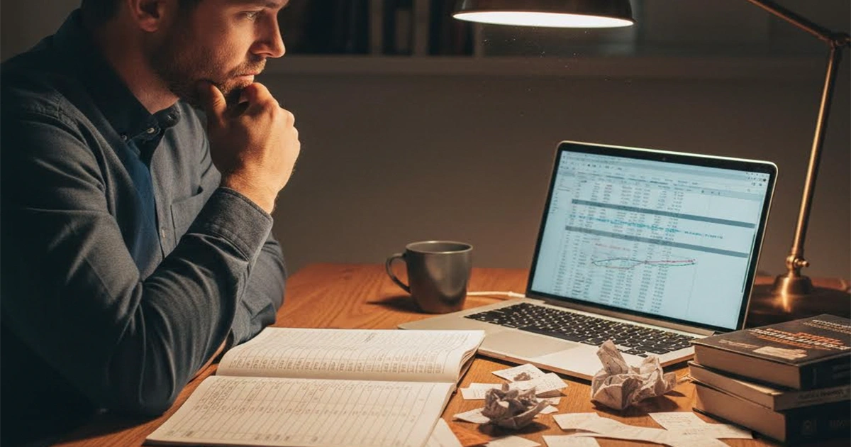 Sports bettor reviewing betting records and learning from past decisions