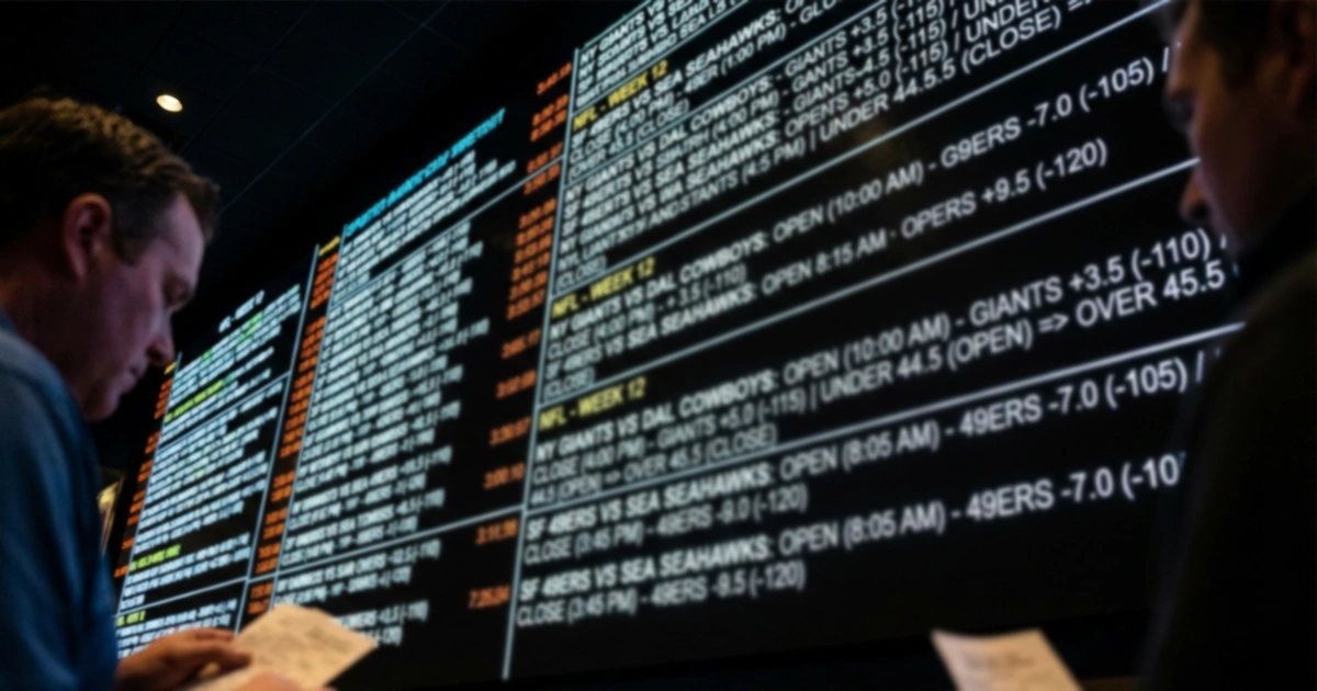 Sports betting odds board showing line movement from open to close
