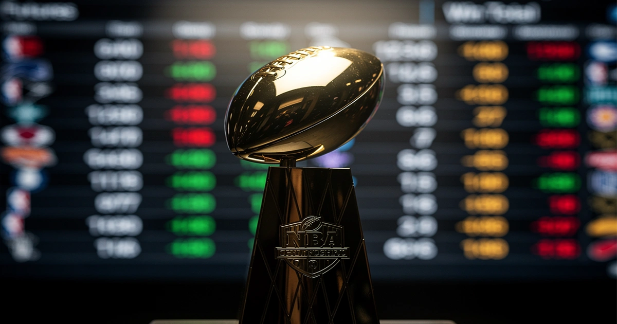 Championship trophy with sports betting odds board in background