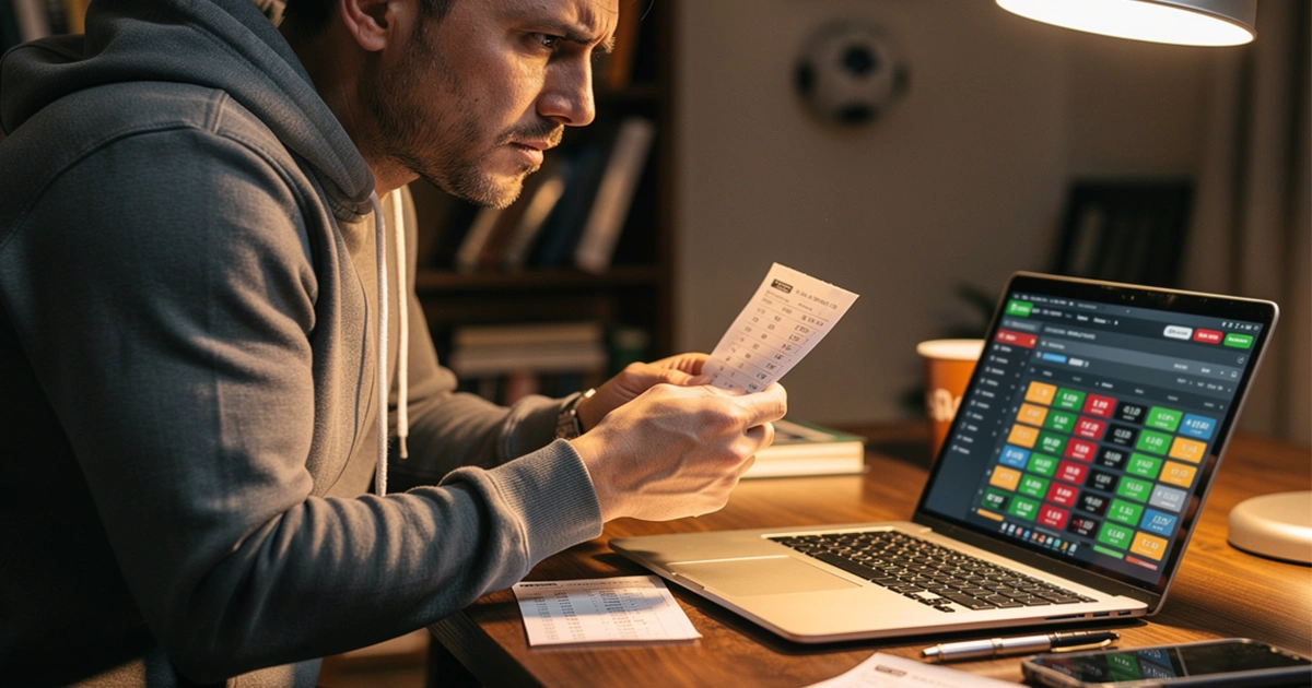 Sports bettor contemplating hedge bet decision with betting slip in hand