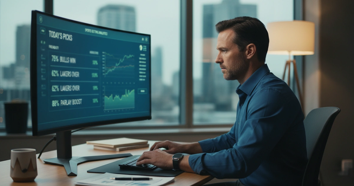 Sports analyst studying betting probabilities on screen