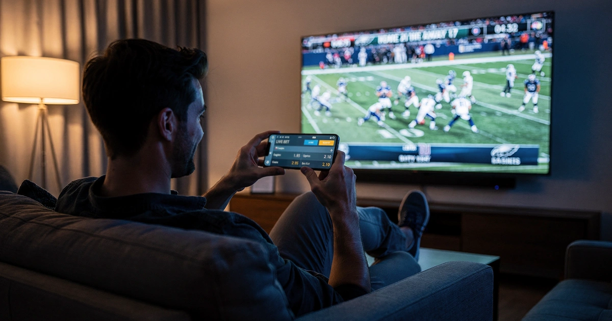 Sports fan watching live game while placing in-play bets on smartphone