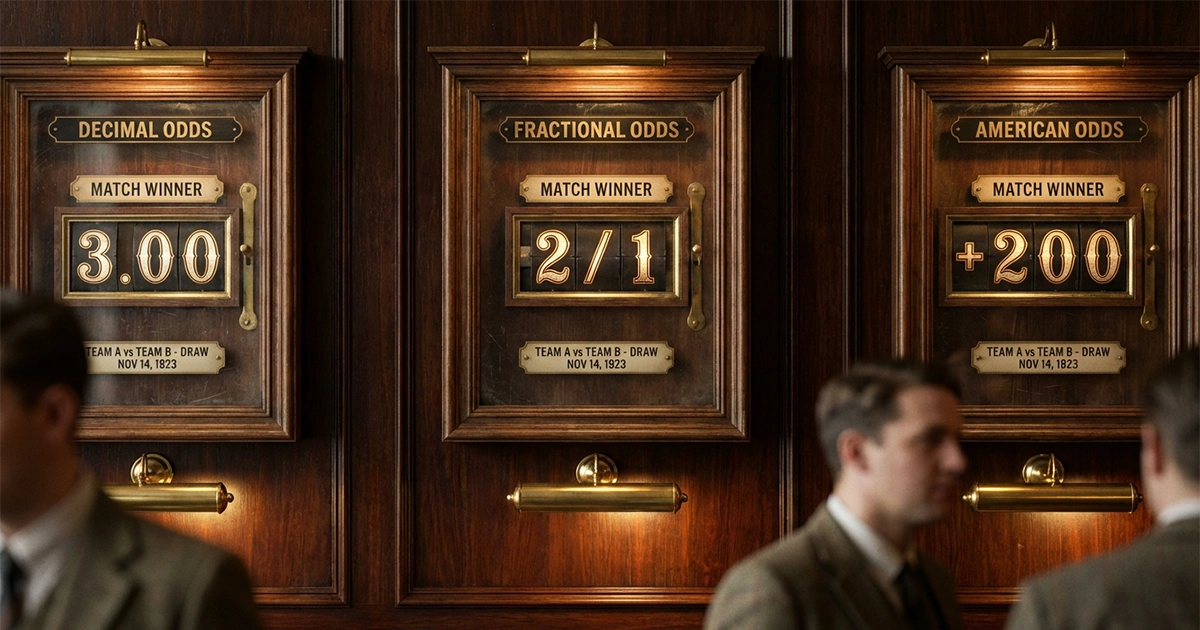 Three betting boards showing decimal, fractional and American odds side by side
