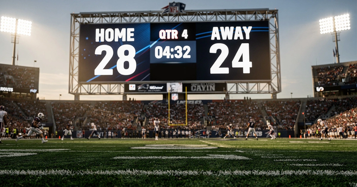American football stadium scoreboard showing point spread betting scenario