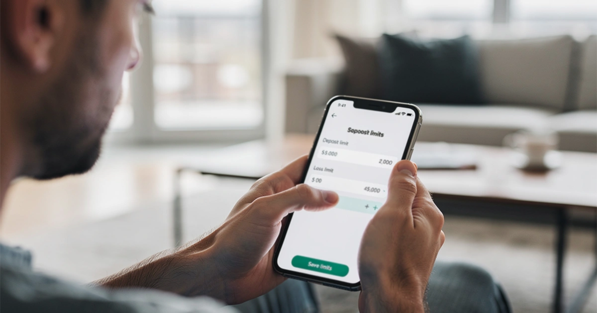 Person setting betting limits on a sportsbook app with thoughtful consideration