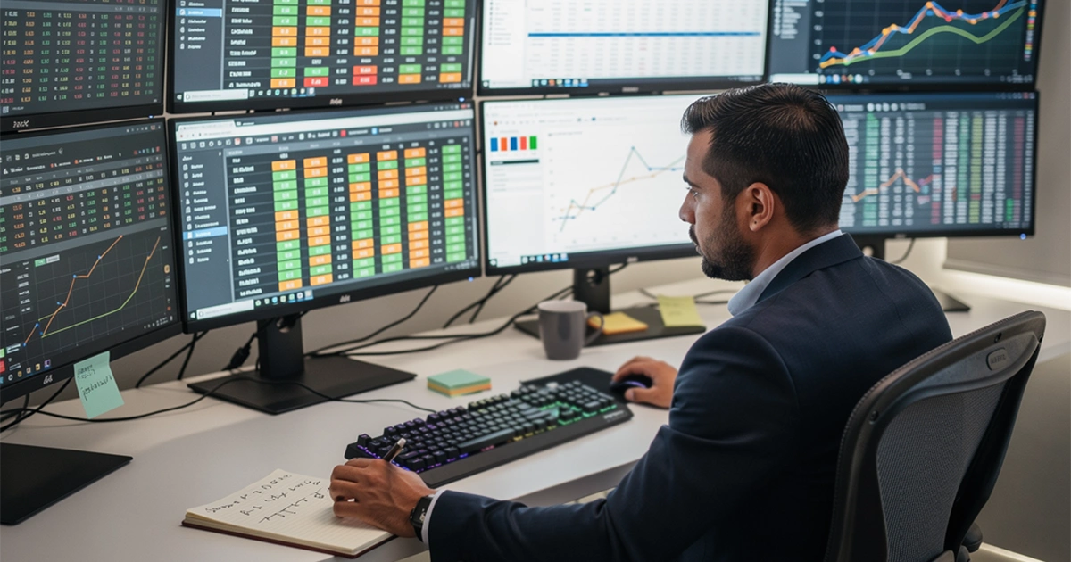 Professional sports bettor analyzing data at workstation with multiple monitors