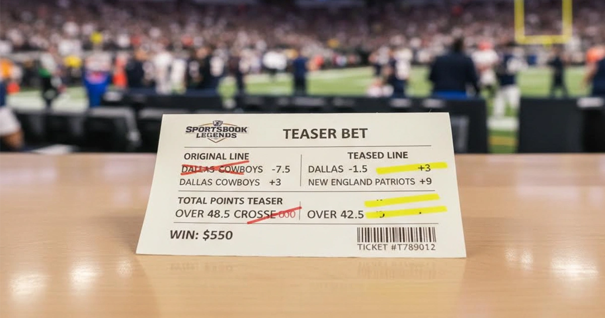 Football betting slip showing teaser bet with adjusted point spreads