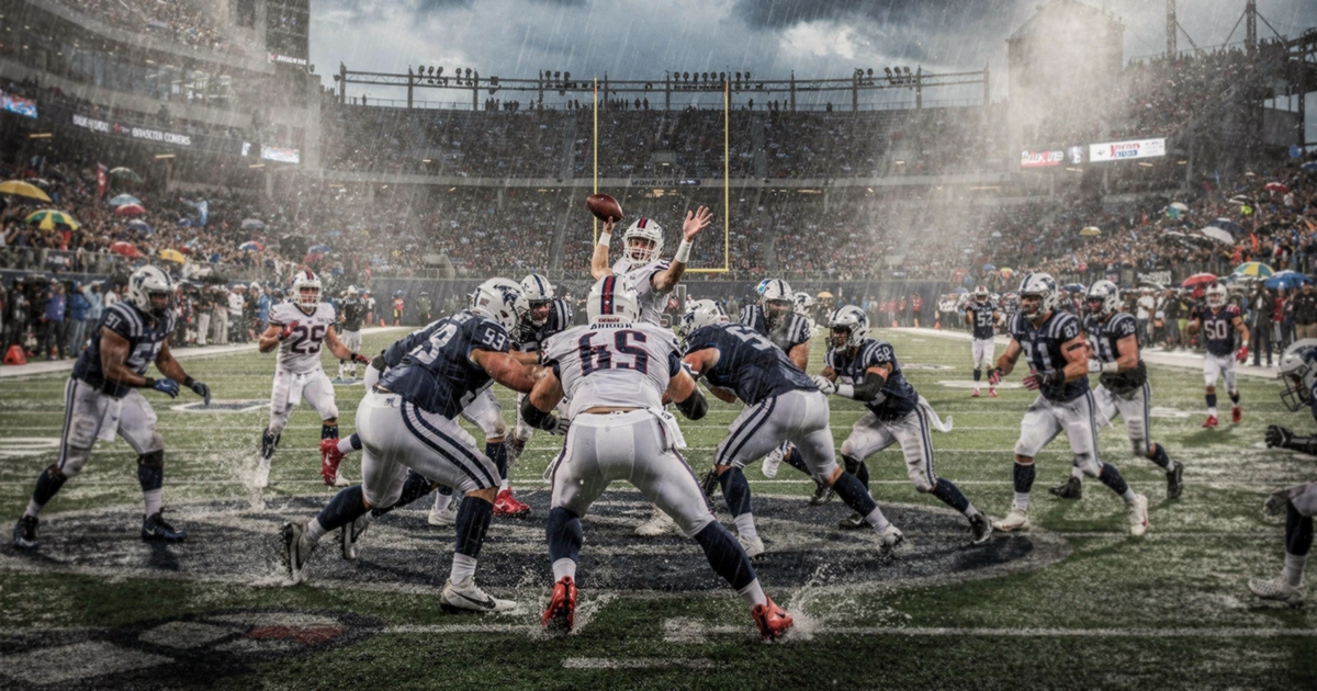 Football stadium with visible weather conditions affecting the field