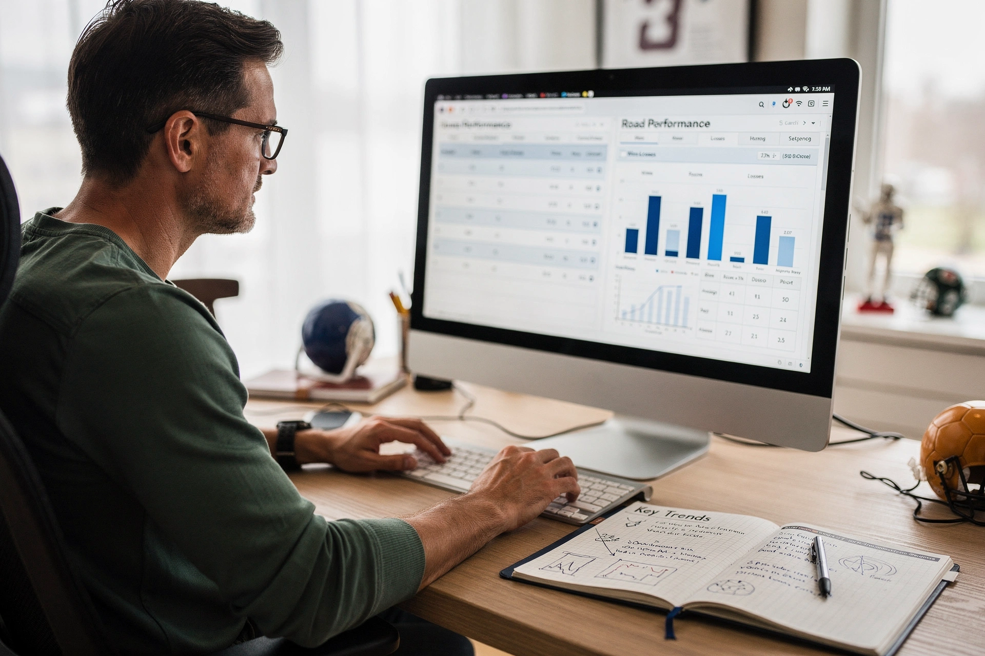 Analyst reviewing home vs road team performance data on computer