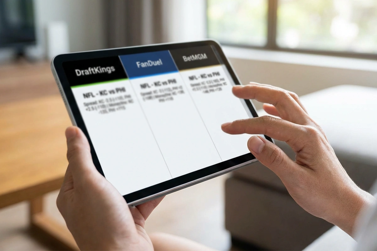 Bettor comparing odds across multiple sportsbook apps on tablet