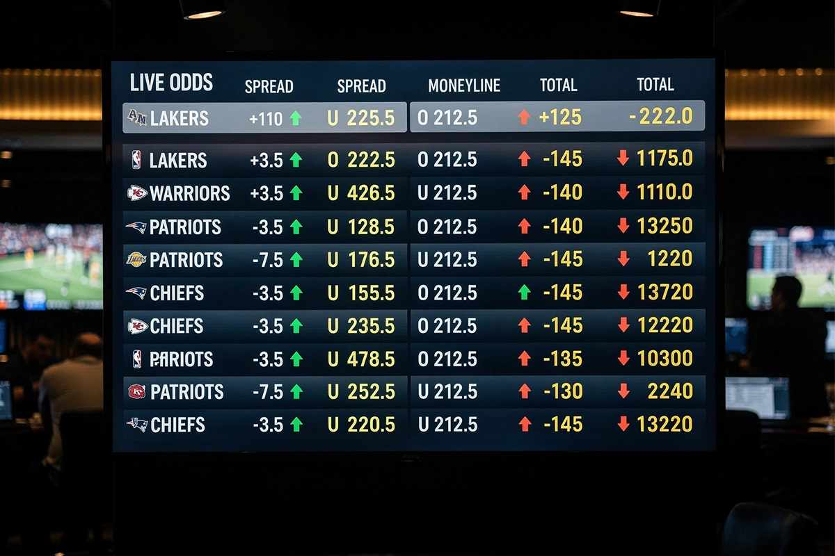 Sportsbook display showing real-time live betting odds updating during game